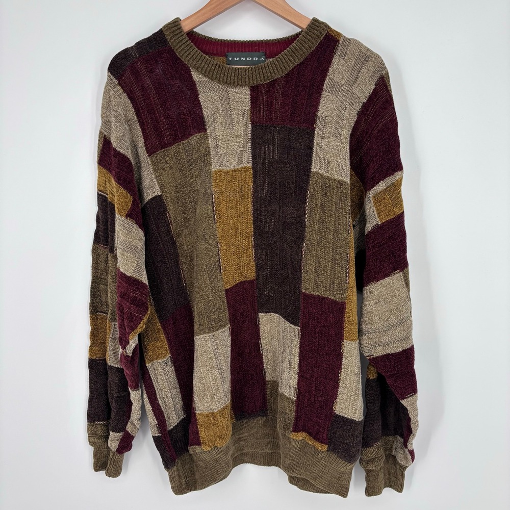 Vintage 90s Patchwork Textured 3D Knit Chenille Sweater Mens Large Earth Tone
